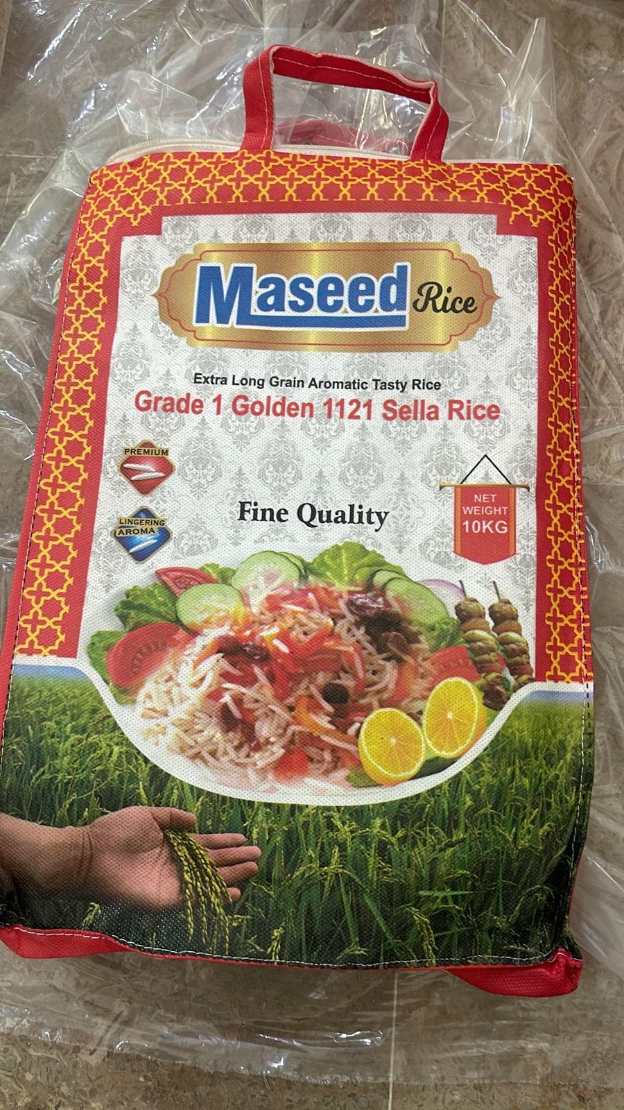 A 10kg bag of Maseed Grade 1 Golden Sella Rice.